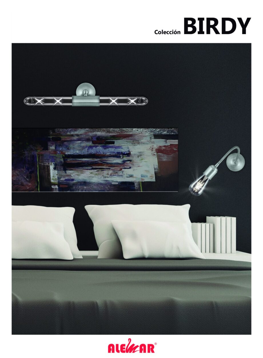 BIRDY: Aplique pared doble luz níquel satinado articulado para doble bombilla E27, 10277 Alemar STOCK EN TIENDA