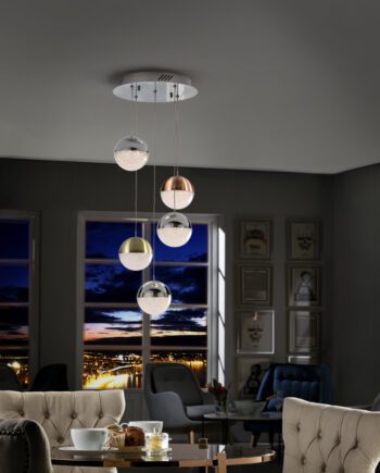 SPHERE: Lámpara 5 luces en cromo cuero cobre con 24W Led en 3K, diámetro 33cm Schuller 793534