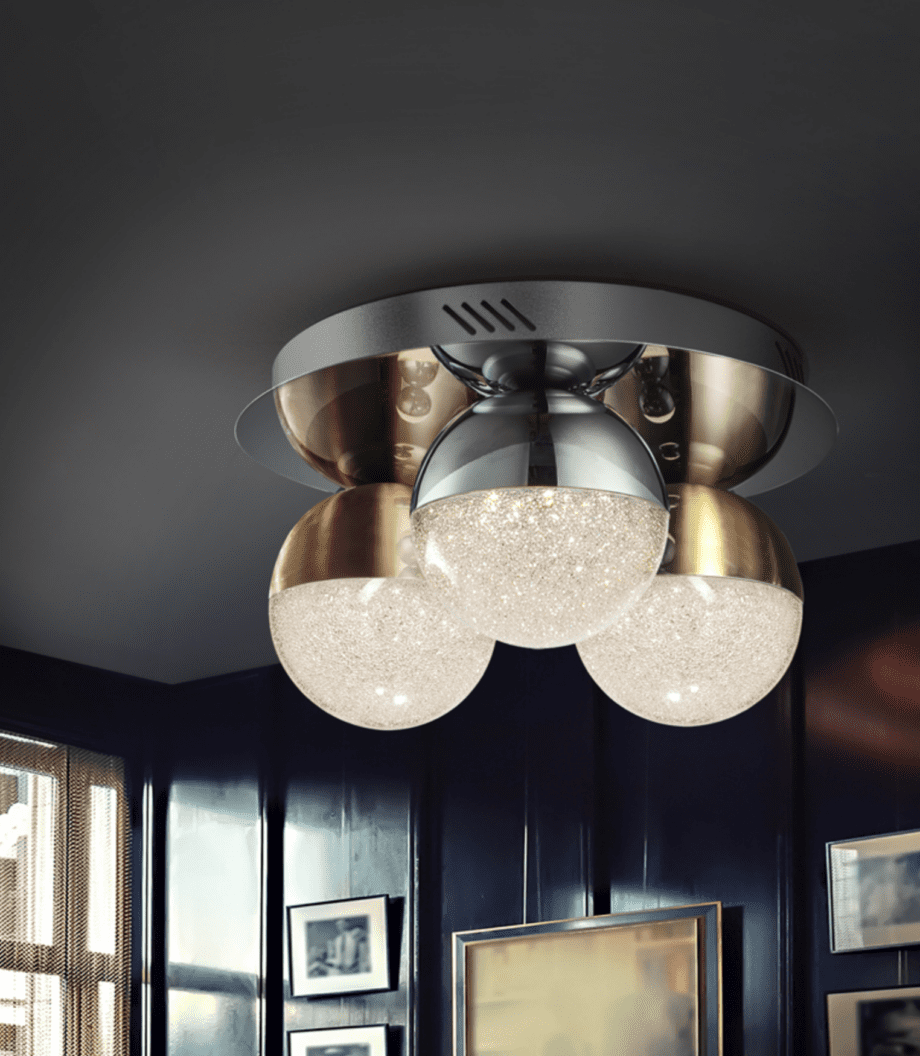 SPHERE: Plafón redondo en cromo cobre cuero con 14,4W Led en 3K, diámetro 30cm Schuller 794025D. Con mando a distancia regulable