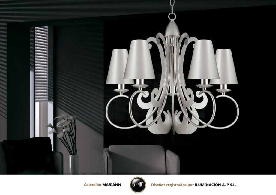 MARIANN: Lámpara de techo pan plata 5 brazos pantalla tela,   Ajp. STOCK DISPONIBLE EN TIENDA