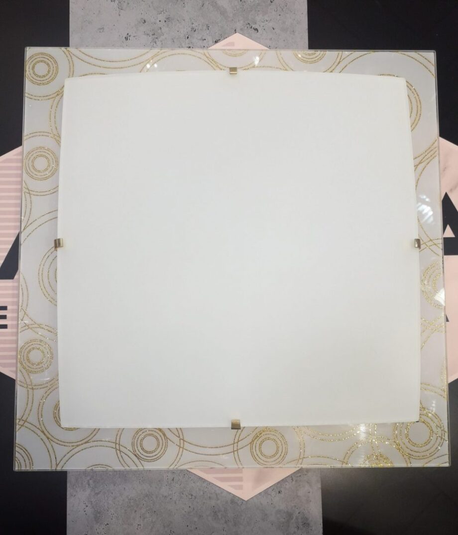 Plafón cuadrado de cristal blanco y decoración oro con dos portalámparas E27