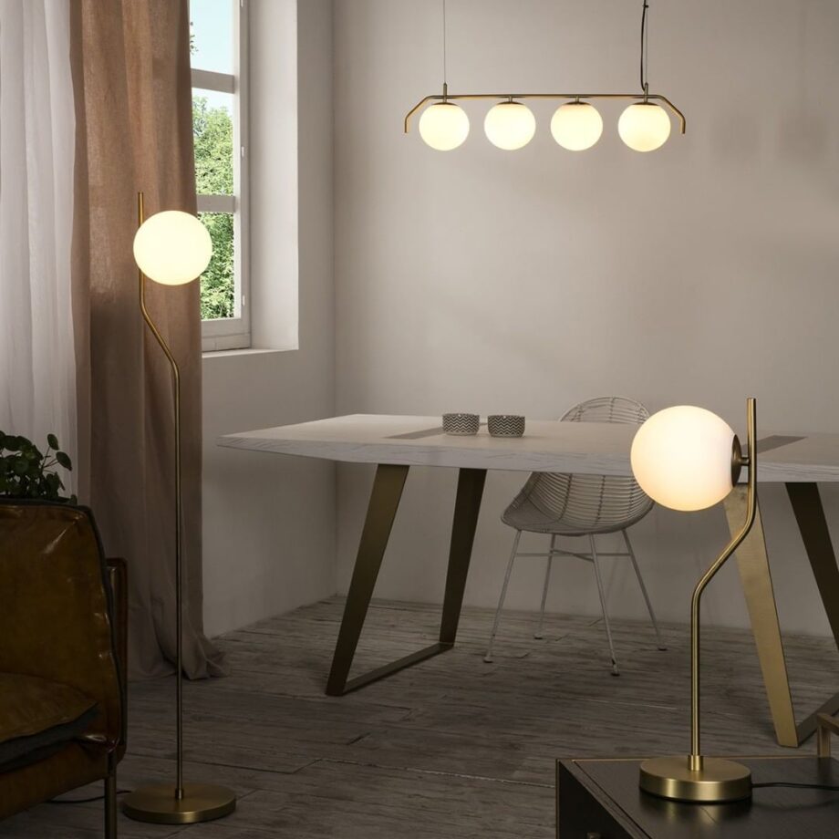 MAUI - Lámpara de pie dorado con esfera opal mate para bombilla E27, H81631O Acb Iluminación