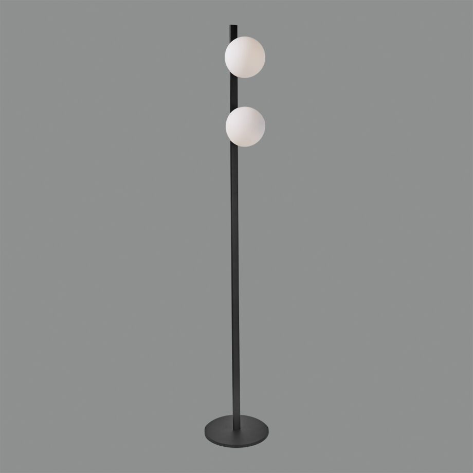 KIN: Lámpara de pie negro con dos esferas  blancas 10w LED dimable, H816910N Acb Iluminación. 155cm altura