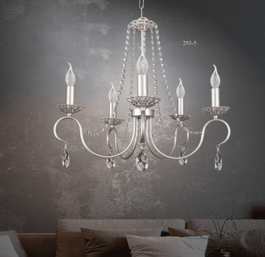 Lámpara chandelier forja plata mate con cadenas de cristales 5 luces Silvioss