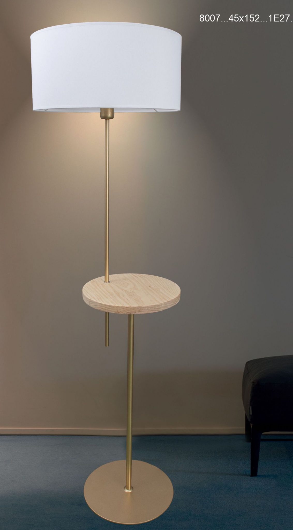 Lámpara de pie oro con mesa madera y pantalla blanca Silvio E27 DISPONIBLE EN TIENDA - Electricidad Aranda Lámparas en