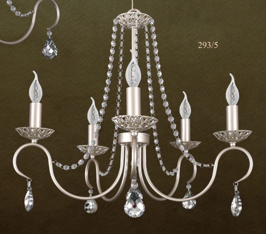 Lámpara chandelier forja plata mate con cadenas de cristales 5 luces Silvioss