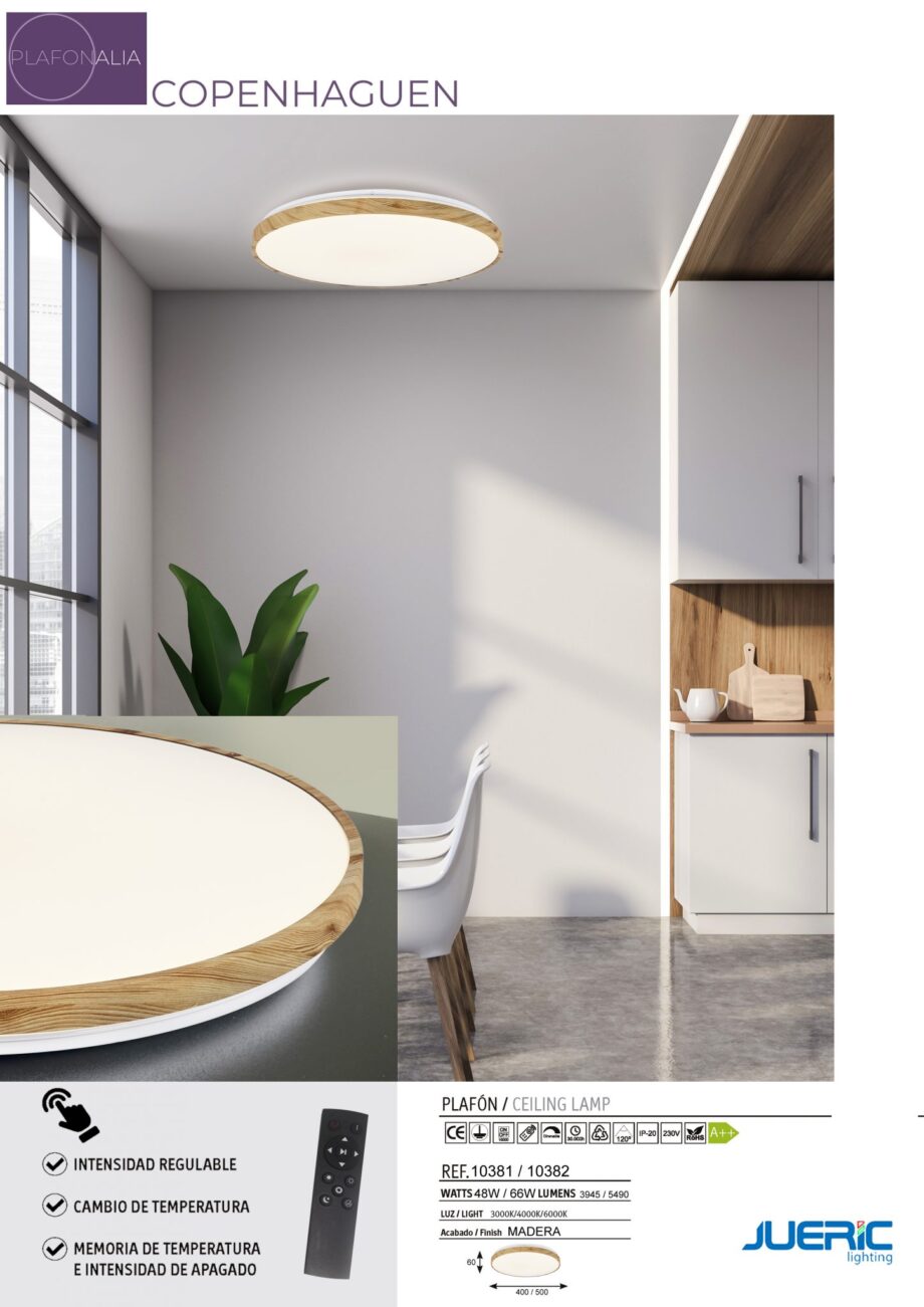 COPENHAGUEN: Plafón blanco con perfil color madera, 66W Led, dimable con mando a distancia 3k 4k 6k, 10382 Jueric. 50cm.