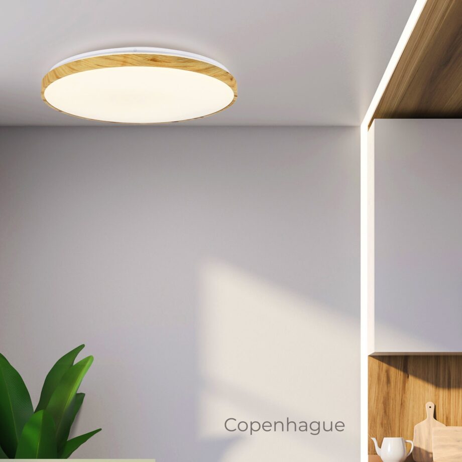 COPENHAGUEN: Plafón blanco con perfil color madera, 66W Led, dimable con mando a distancia 3k 4k 6k, 10382 Jueric. 50cm.