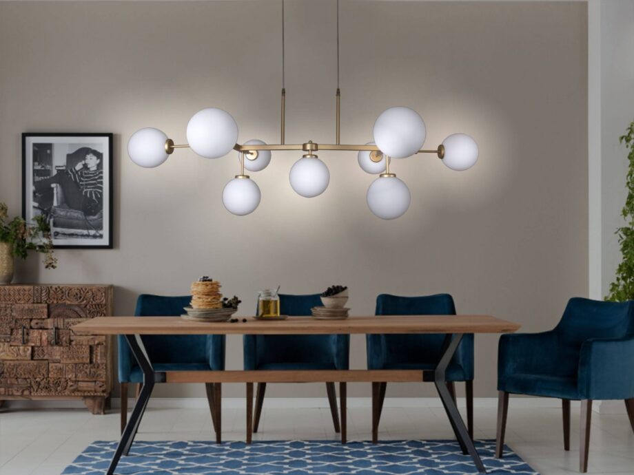Lámpara ESFERAS oro mate con 9 tulipas opal blanco para bombillas Led E27