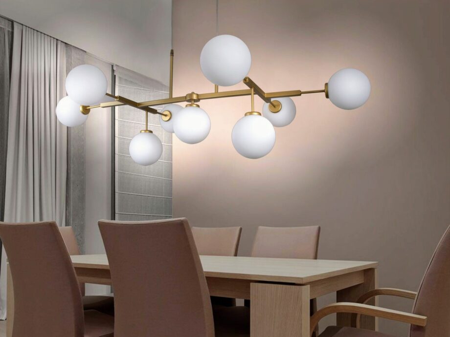 Lámpara ESFERAS oro mate con 9 tulipas opal blanco para bombillas Led E27