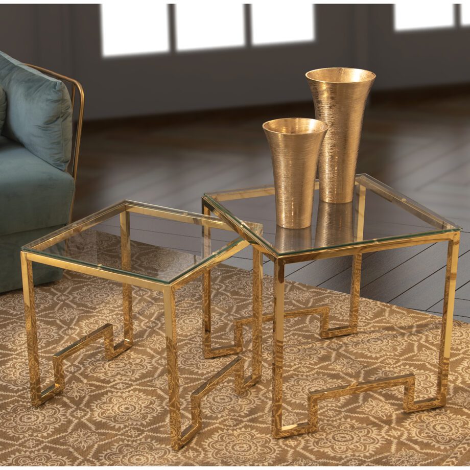 CHICAGO: Set dos mesas auxiliares en ORO y cristal 50 y 45cm,  569-069 BELDA Interiorismo.