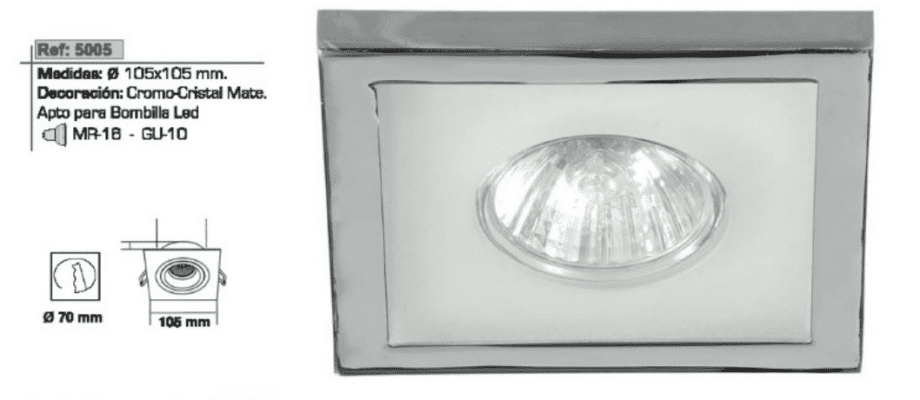 Aro empotrable cristal con marco cromo, para bombilla gu10, Incolamp 5005. DISPONIBLE EN TIENDA