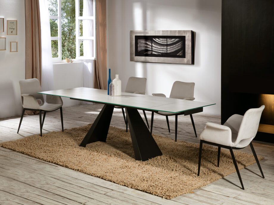 Mesa de comedor ALAI tapa de cristal blanco y patas negras Schuller