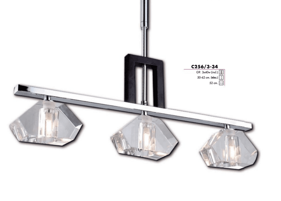 ELBASAN: Lámpara cromo con tulipas de cristal y madera wengue, con 3 bombillas g9, L256 Miño.