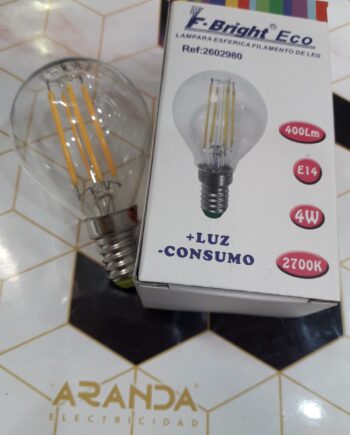 Bombilla 4W Led esférica transparente filamento E14 Cálida 2,7K 2602980. STOCK DISPONIBLE EN TIENDA