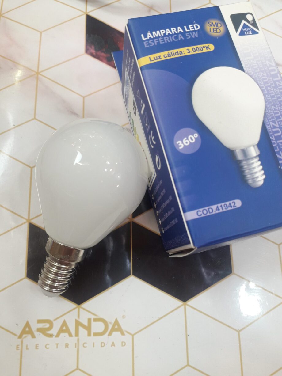 Bombilla 5W Led esférica opal Full Glass 360º filamento E14 Cálida 3K 41942 HEPOLUZ. STOCK DISPONIBLE EN TIENDA