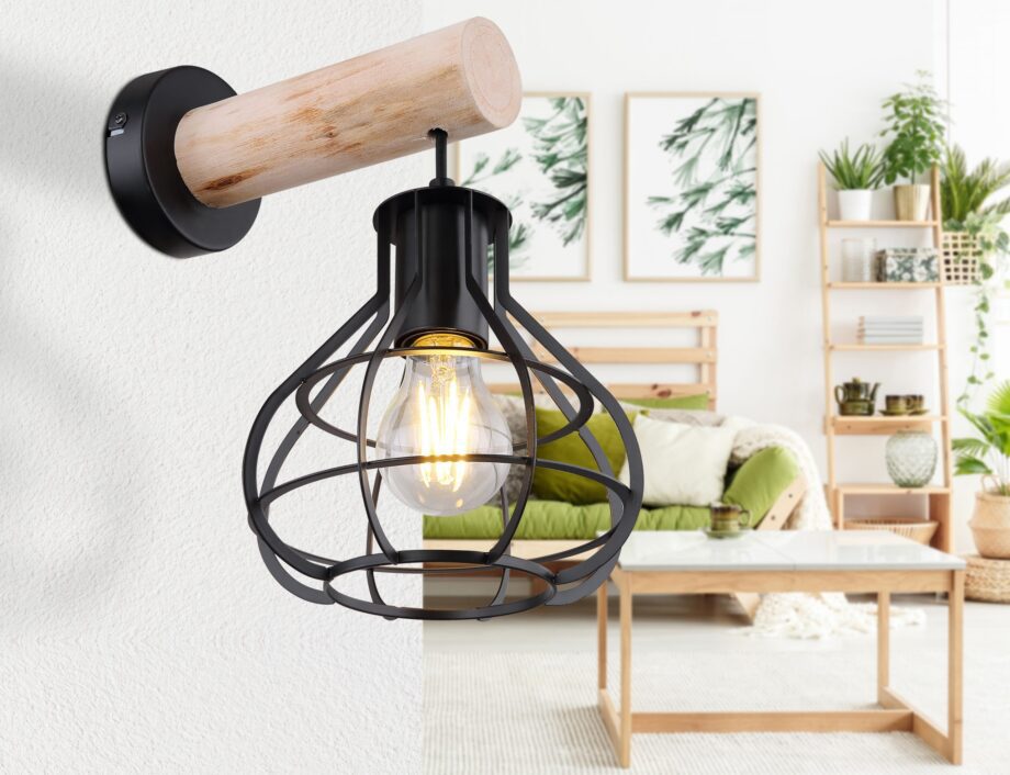CLASTRA: Aplique de Pared madera y forja negro E27 15388W Globo Lighting. STOCK DISPONIBLE EN TIENDA