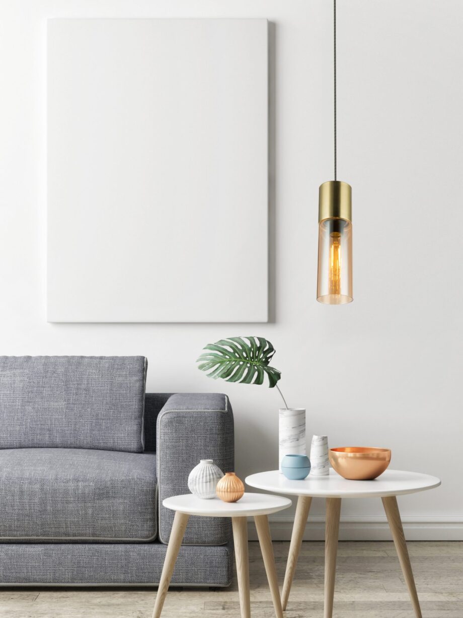 ANNIKA: Colgante individual de base color Bronce y cristal ámbar, 21000HM Globo Lighting. STOCK DISPONIBLE EN TIENDA