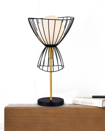 Sobremesa Trendy Oro y rejilla Negra con tulipa opal blanca