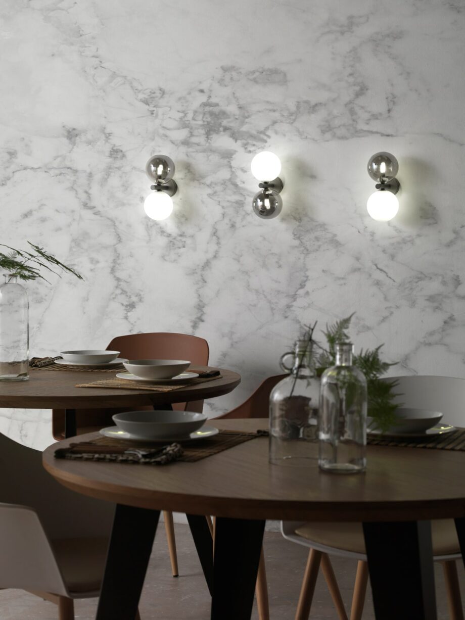 SHADOW: Aplique pared antracita, para 2 bombillas g9, esferas cristal fumé y opal, 3558 Anperbar. STOCK EN TIENDA