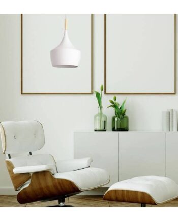 LUND: Colgante individual blanco con detalle de madera Haya, para bombilla E27, 10320 Jueric. 24cm. STOCK EN TIENDA