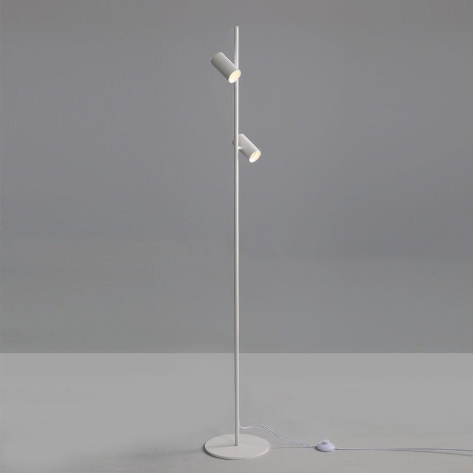 GINA: Lámpara blanca de pie de 2 focos orientables para bombillas gu10 Led, H3874080B Acb Iluminación. 160cm altura.