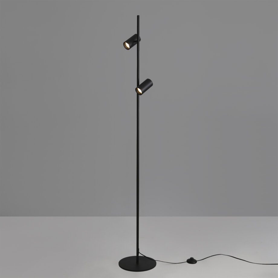 GINA: Lámpara negra de pie de 2 focos orientables gu10 Led, H3874080N Acb Iluminación. 160cm altura.
