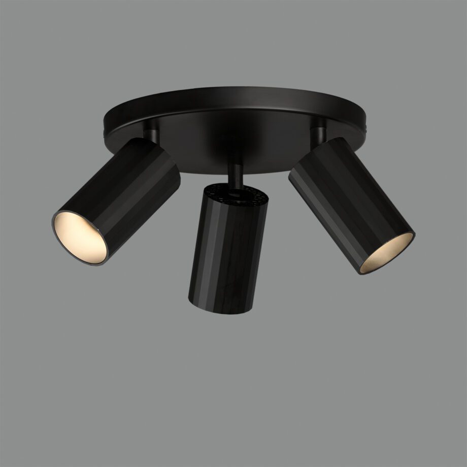 MODRIAN: Base redonda negra con 3 focos orientables para bombillas gu10 Led, P3951280N Acb Iluminación