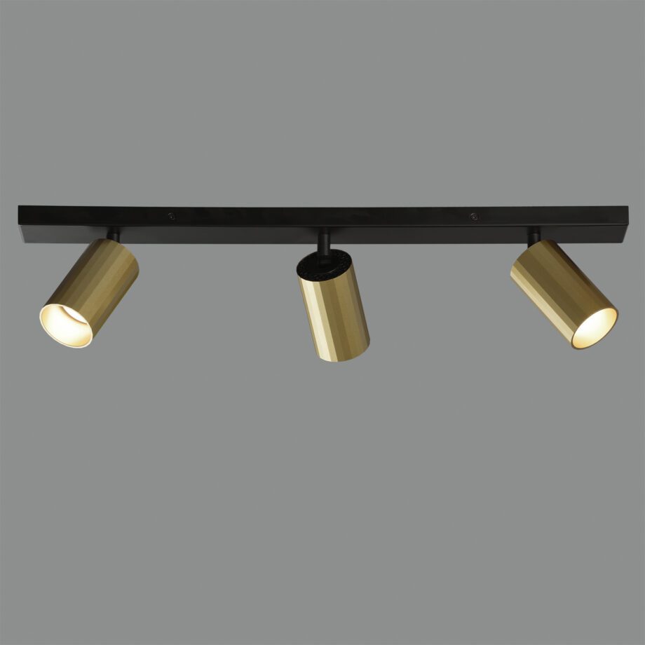 MODRIAN: Regleta rectangular negra con 3 focos orientables oro para bombillas gu10 Led, P3951380O Acb Iluminación, 60cm. STOCK DISPONIBLE EN TIENDA
