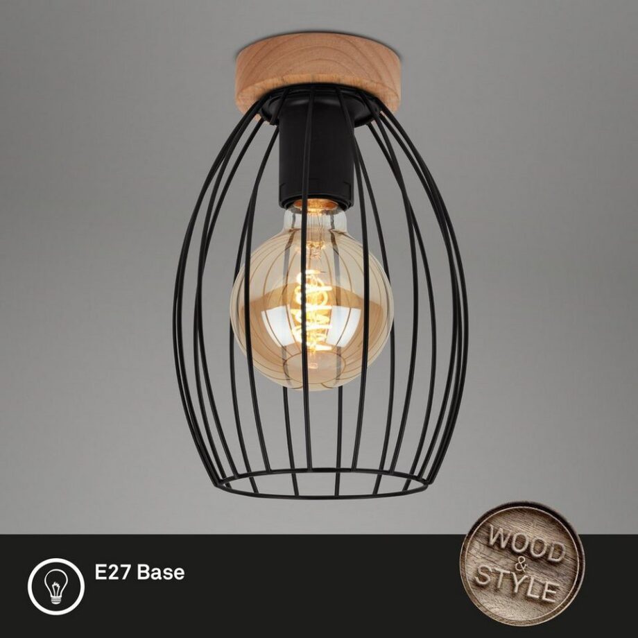 Plafón de base madera y rejillas negras para bombilla decorativa E27, 3038-015 Briloner. STOCK DISPONIBLE EN TIENDA