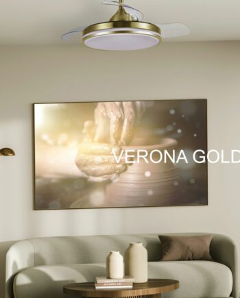 VERONA: Ventilador dorado con palas retráctiles, 40cm extensible a 98cm, 36W Luz Led, 6 velocidades en motor DC con APP, 104702 Jueric. STOCK EN TIENDA