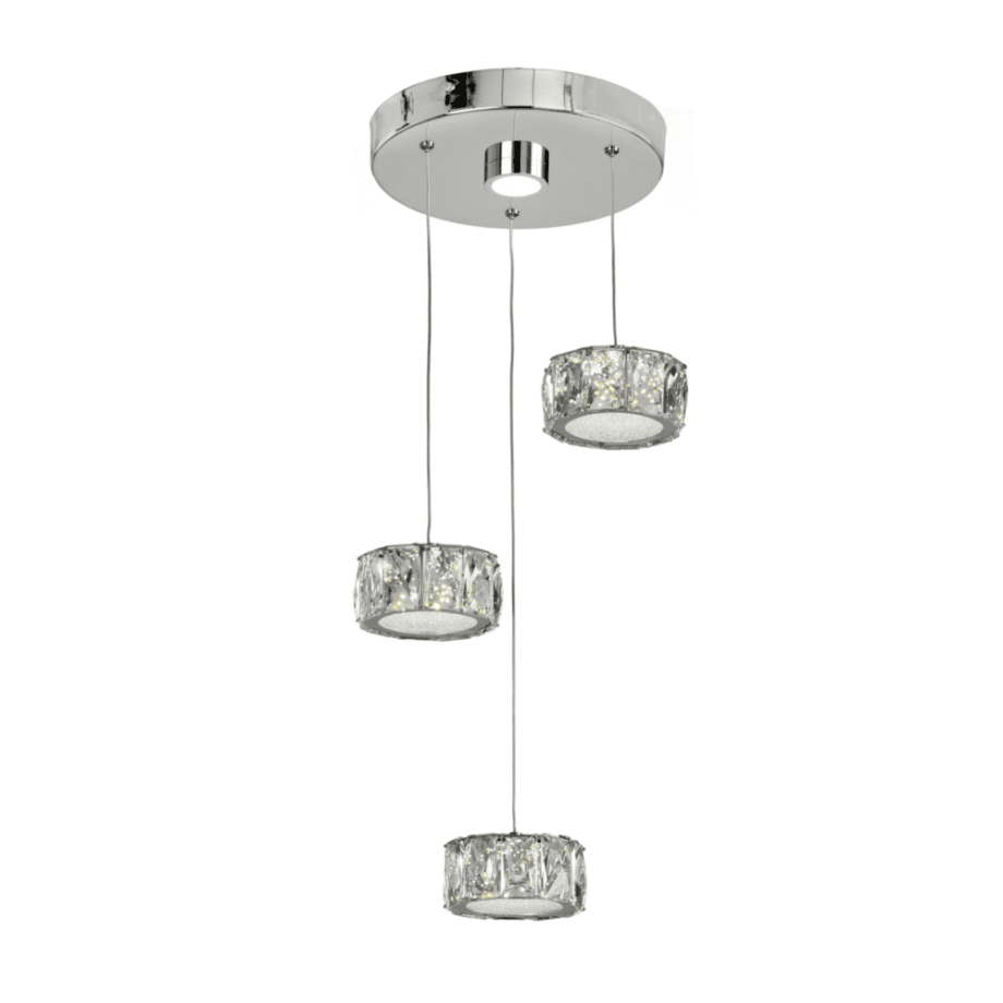 Lámpara ELEGANCE de base redonda cromo y cristal con 3 colgantes y 31W Led