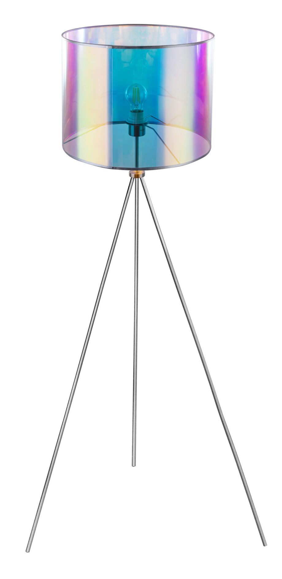 MELANIE: lámpara de pie trípode níquel satinado con pantalla plata irisiada, 15260S Globo Lighting. STOCK DISPONIBLE EN TIENDA