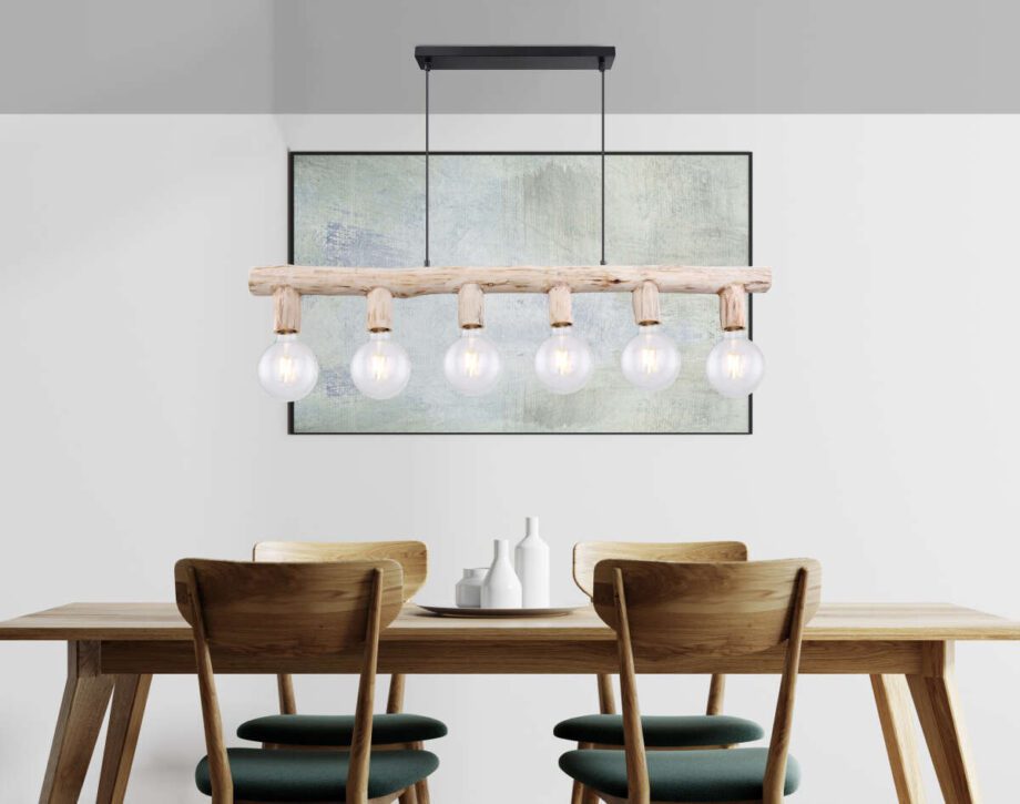 RAYO: Lámpara en línea con madera, 120cm 15441-6H Globo Lighting. Para 4 bombillas E27. STOCK DISPONIBLE EN TIENDA