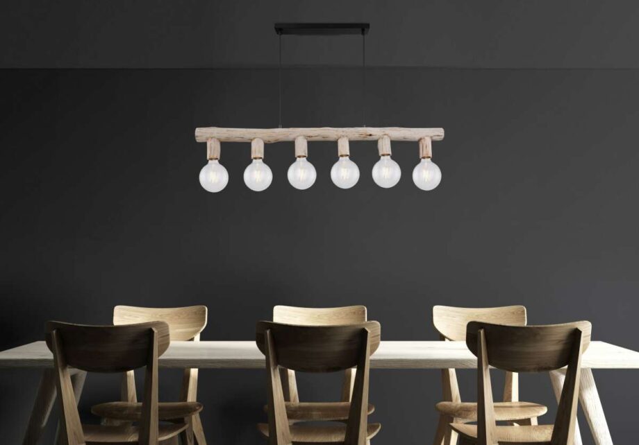 RAYO: Lámpara en línea con madera, 120cm 15441-6H Globo Lighting. Para 4 bombillas E27. STOCK DISPONIBLE EN TIENDA