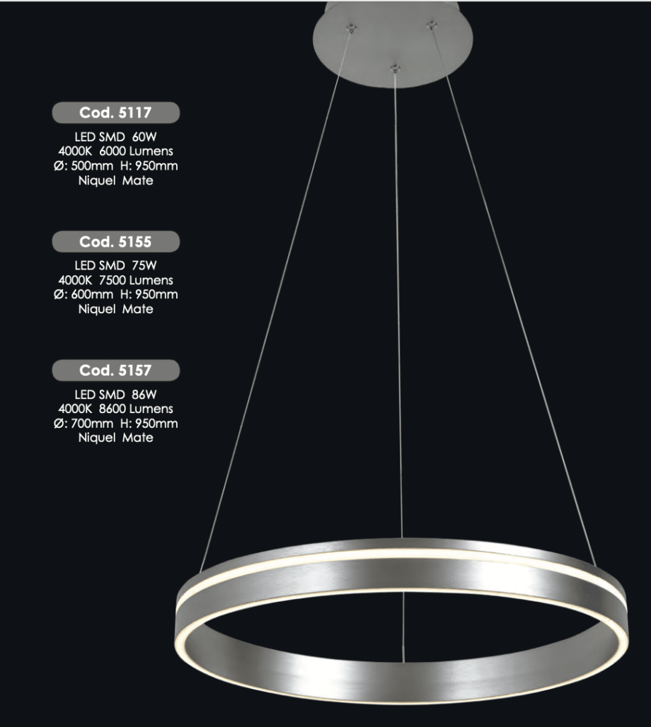 Lámpara 60W Led aro,  luz neutra 4k en color níquel mate, 5117 Il.lumino. 50cm diámetro.