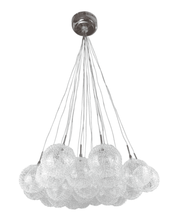 Tulipa cristal esfera transparente con maraña metálica gris para G4, 11cm diámetro con agujero 1cm interior.  STOCK DISPONIBLE EN TIENDA