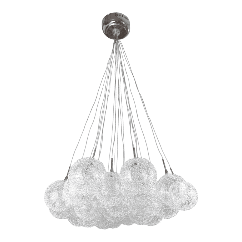 Tulipa cristal esfera transparente con maraña metálica gris para G4, 11cm diámetro con agujero 1cm interior.  STOCK DISPONIBLE EN TIENDA