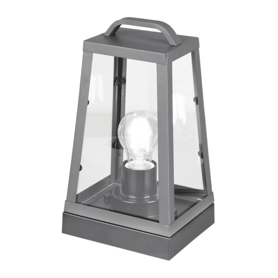 TURIN: Lámpara de sobremesa o suelo de exterior gris antracita, cristal transparente para bombilla E27 Acontract. IP44.