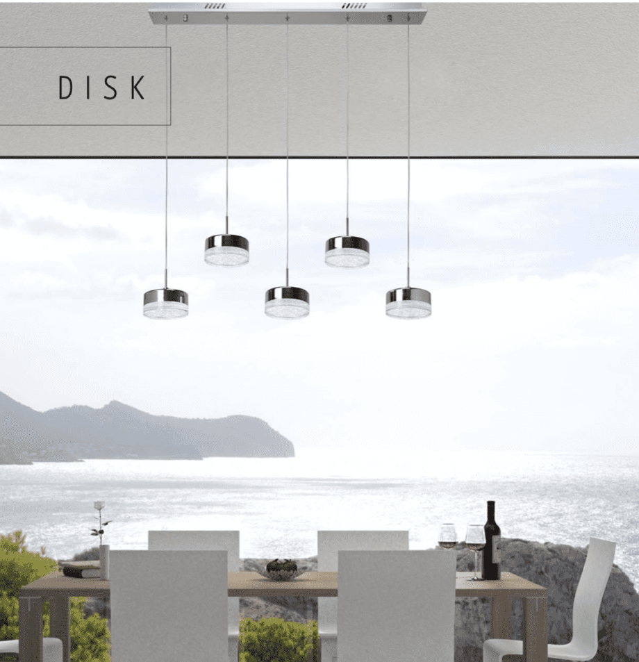DISK: Lámpara cromo en línea de 5 colgantes, 50w con cambio secuencial 3k-4k-6k, 10146 Jueric. Base 80cm x 150cm altura máxima. STOCK DISPONIBLE EN TIENDA