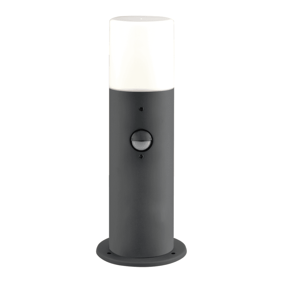 PALMA: Bolardo gris antracita, y opal blanco para bombilla E27, con detector de movimiento PIR, 40cm altura, Acontract. IP44.
