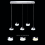 DISK: Lámpara cromo en línea de 5 colgantes, 50w con cambio secuencial 3k-4k-6k, 10146 Jueric. Base 80cm x 150cm altura máxima. STOCK DISPONIBLE EN TIENDA