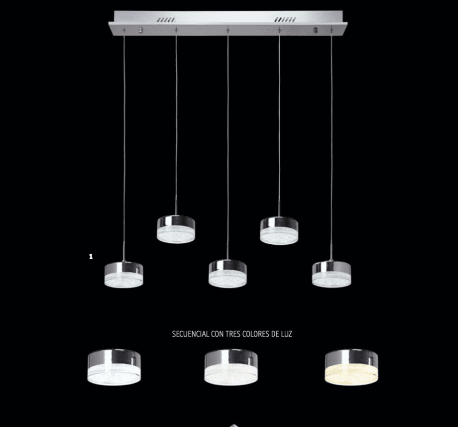 DISK: Lámpara cromo en línea de 5 colgantes, 50w con cambio secuencial 3k-4k-6k, 10146 Jueric. Base 80cm x 150cm altura máxima. STOCK DISPONIBLE EN TIENDA