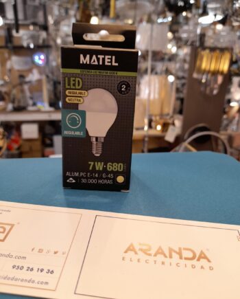 Bombilla Led esférica Dimable 7w E14 luz Neutra 4200k con 680lm, 23919 Matel. STOCK DISPONIBLE EN TIENDA