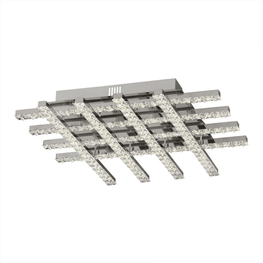 BRNO: Plafón cuadrado cromo con cristales, 54W Led con luz neutra 4k, 124/8 Acontract-Luz, 44 x 44cm.