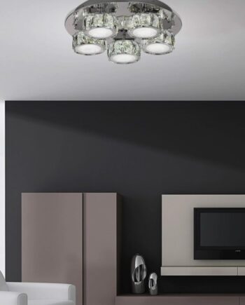 Plafón ELEGANCE redondo cromo con cristales 5 difusores de 40W Led