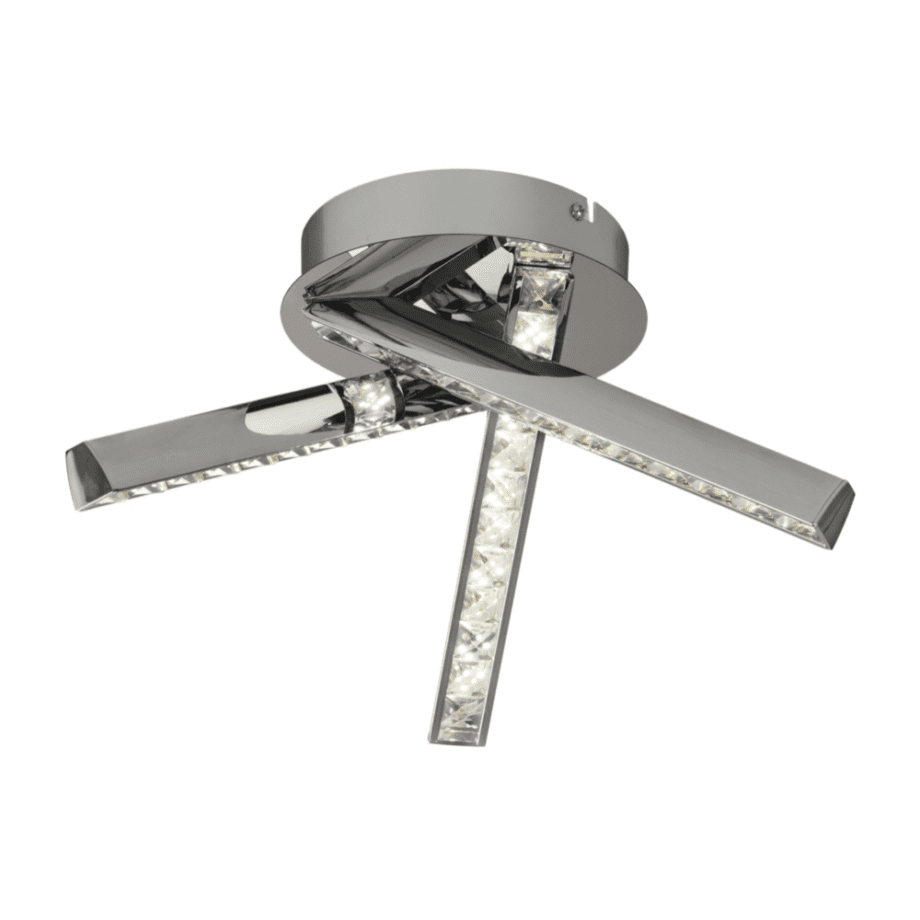 MANGLAR: Plafón redondo cromo con cristales, 3 brazos, 15W Led con luz neutra 4k,  Acontract-Luz, 37cm.