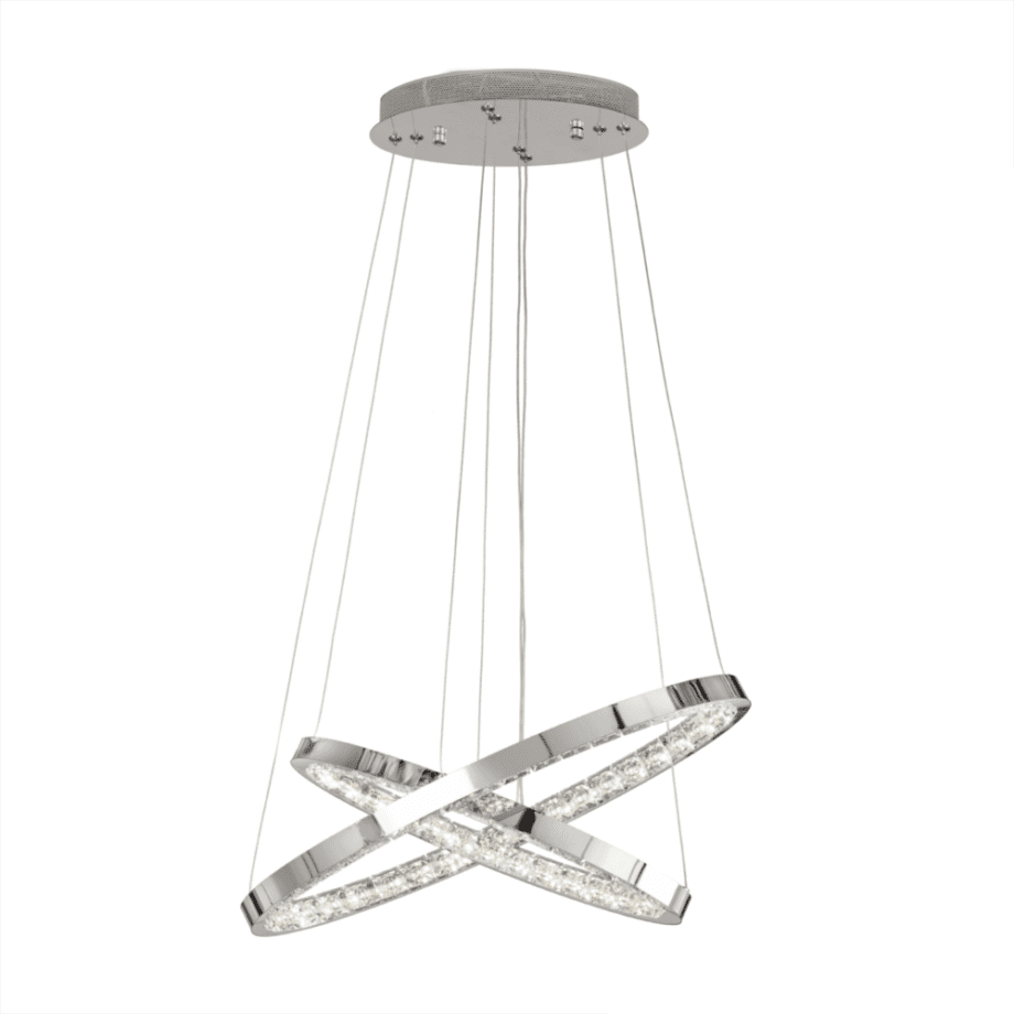 SAN MARINO 123/2: Lámpara dobles aro cromo redonda con cristales, 29W Led en Luz neutra 4k, Acontract-Luz. 57cm diámetro cable hasta 120cm.