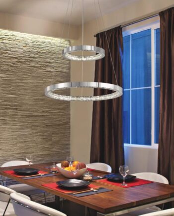 SAN MARINO 123/2: Lámpara dobles aro cromo redonda con cristales, 29W Led en Luz neutra 4k, Acontract-Luz. 57cm diámetro cable hasta 120cm.