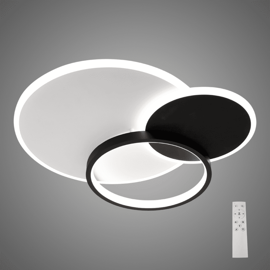 SINTRA: Plafón Led blanco y negro,  acrílico aros de 47w con mando a distancia, Acontract-Luz. 45 X 43cm.